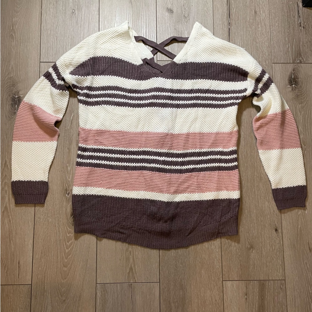 Love Circle Maternity Cozy Warm Comfort Striped Knit Sweater‎ M with Cross Back